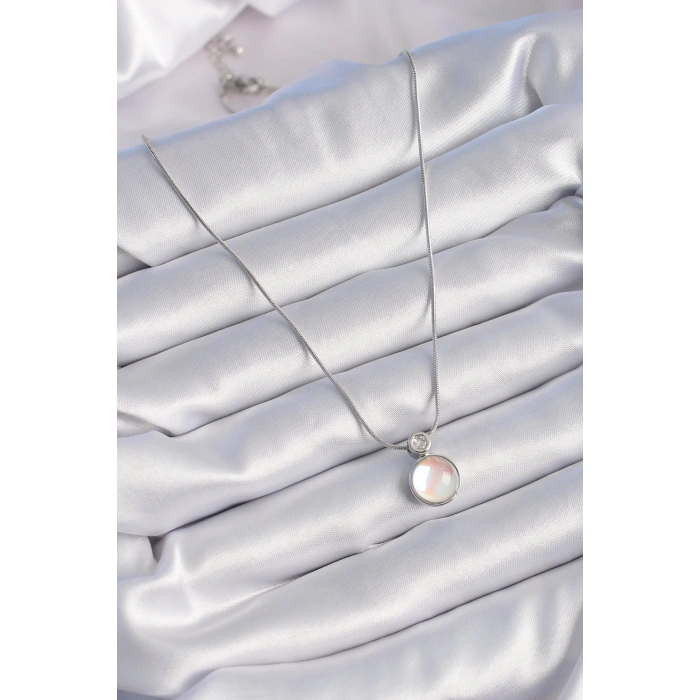 BFS 316L Çelik Gümüş Renk Beyaz Sedefli Vintage Model Kadın Kolye