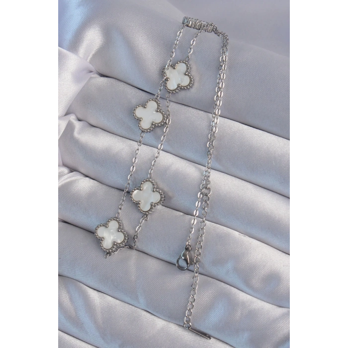 BFS 316L Çelik Gümüş Renk Beyaz Sedefli Yonca Kolye