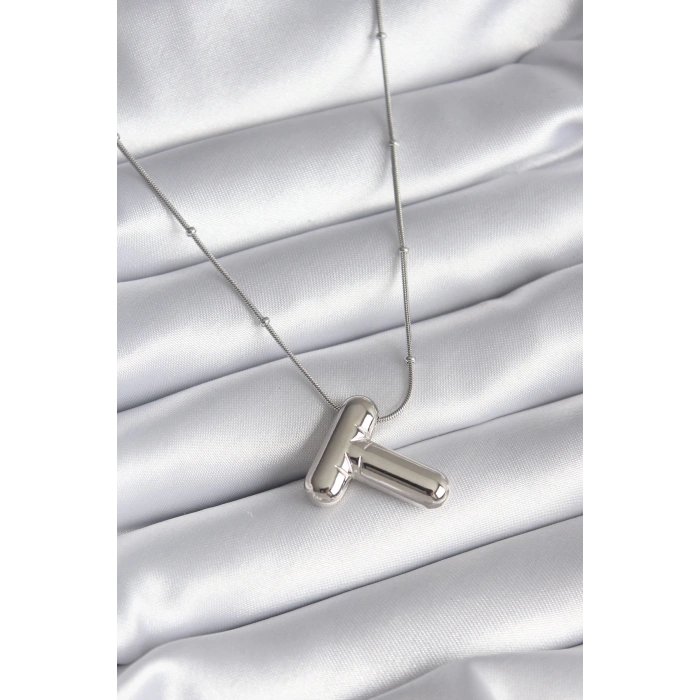 BFS 316L Çelik Gümüş Renk Bubble T Harf Model Kadın Kolye