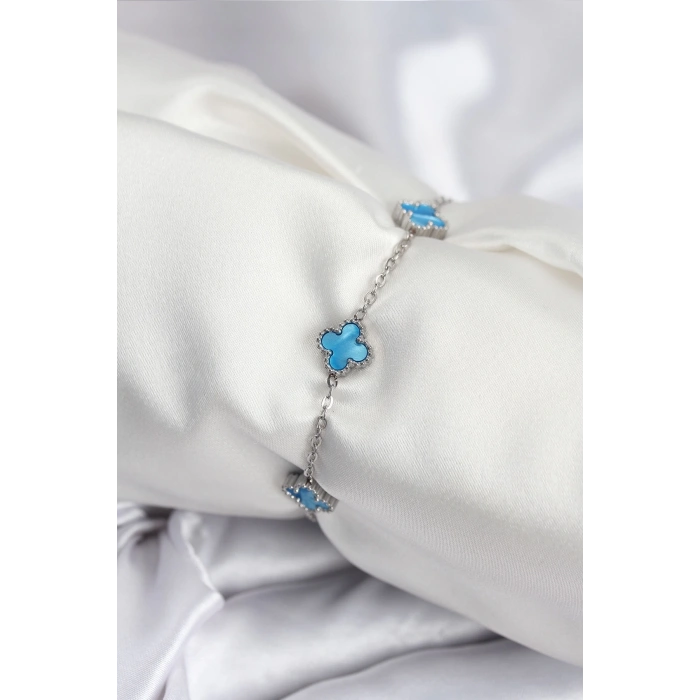 BFS 316L Çelik Gümüş Renk Buz Mavisi Baby Boy Yonca Kadın Bileklik