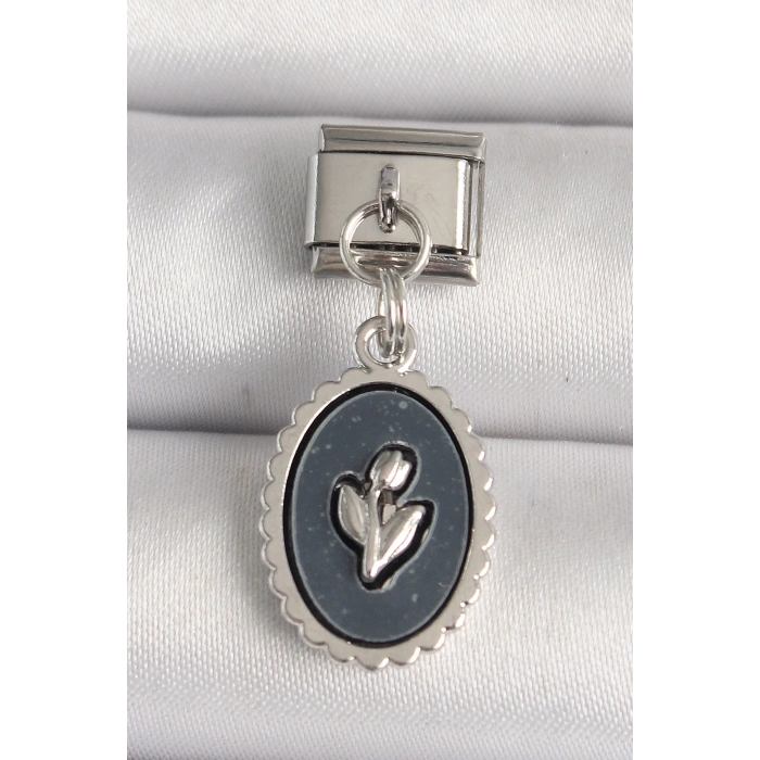 BFS 316L Çelik Gümüş Renk Çiçek İşlemeli Siyah Portre Model Nomination Charm