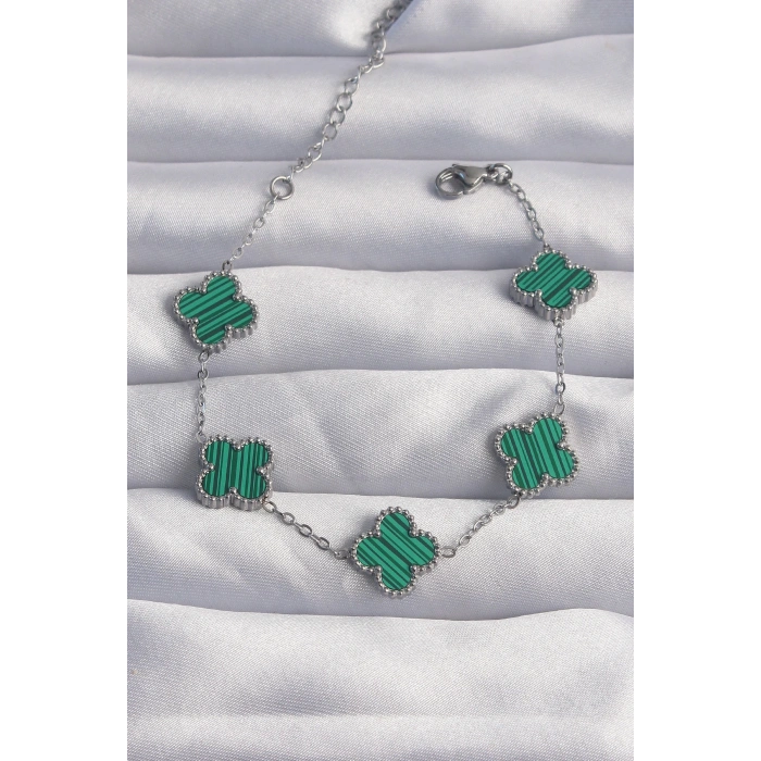 BFS 316L Çelik Gümüş Renk Çizgili Yeşil Mineli Yonca Bileklik