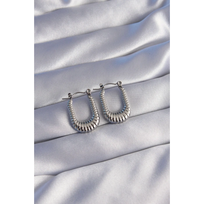 BFS 316L Çelik Gümüş Renk Dikdörtgen Tasarımlı Tırtıklı Küpe