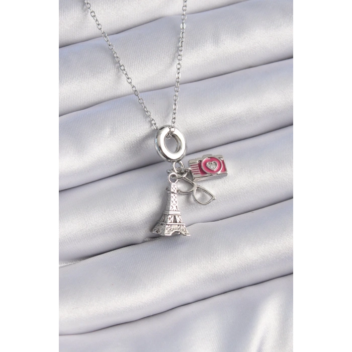 BFS 316L Çelik Gümüş Renk Eyfel Kule Fotoğraf Makinesi Model Charm Kadın Kolye