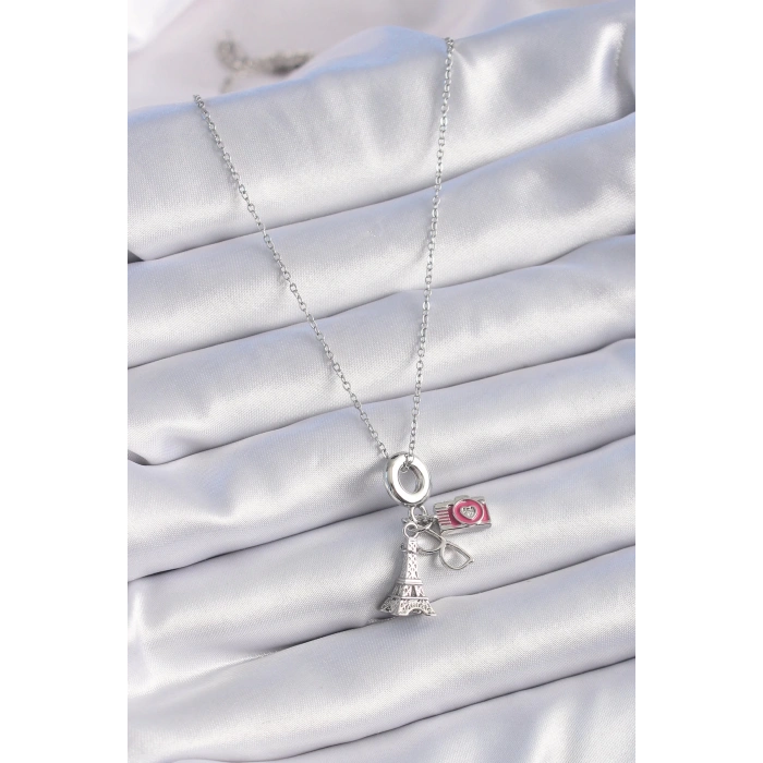 BFS 316L Çelik Gümüş Renk Eyfel Kule Fotoğraf Makinesi Model Charm Kadın Kolye