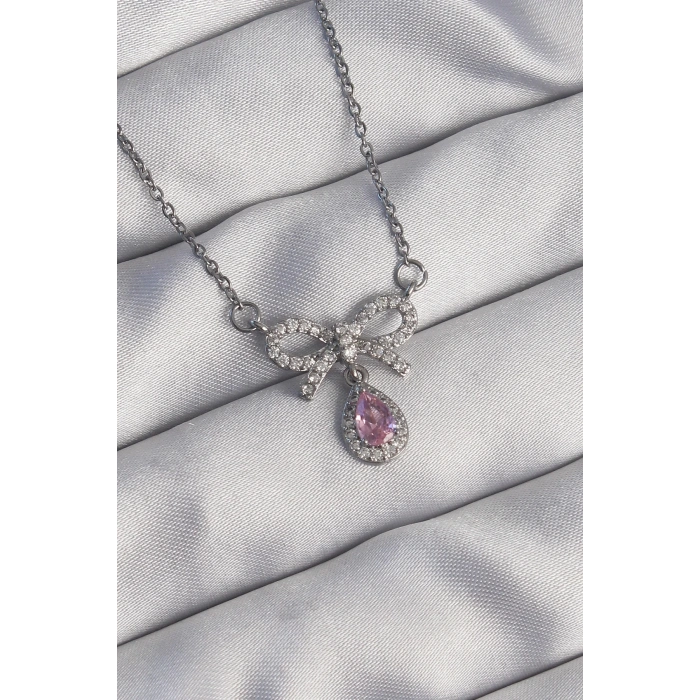 BFS 316L Çelik Gümüş Renk Fiyonk Detay Pembe Zirkon Taşlı Damla Kolye
