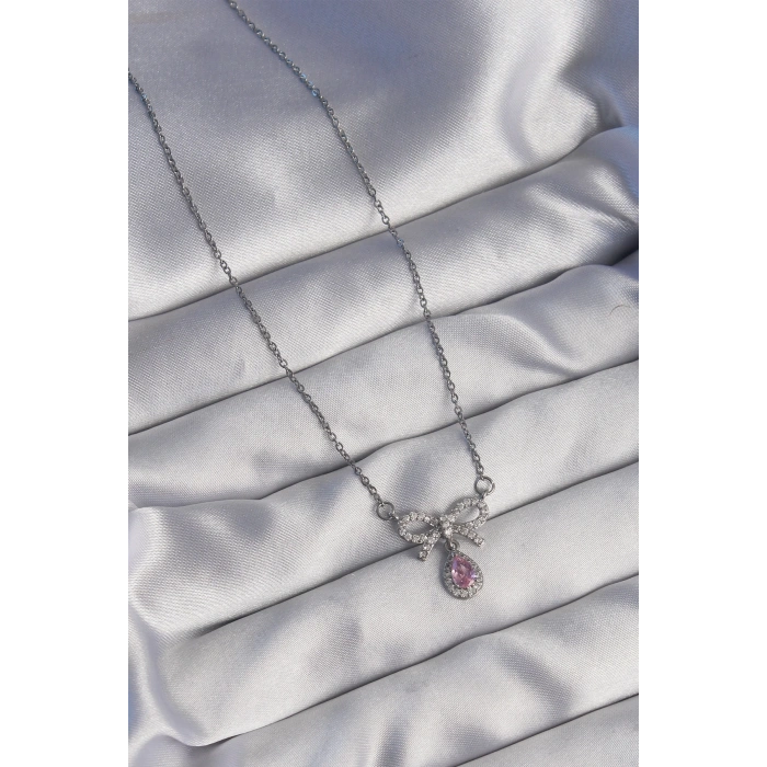 BFS 316L Çelik Gümüş Renk Fiyonk Detay Pembe Zirkon Taşlı Damla Kolye