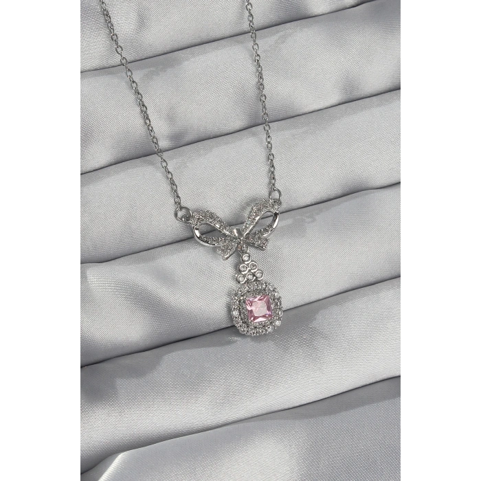 BFS 316L Çelik Gümüş Renk Fiyonk Detay Pembe Zirkon Taşlı Tektaş Kolye