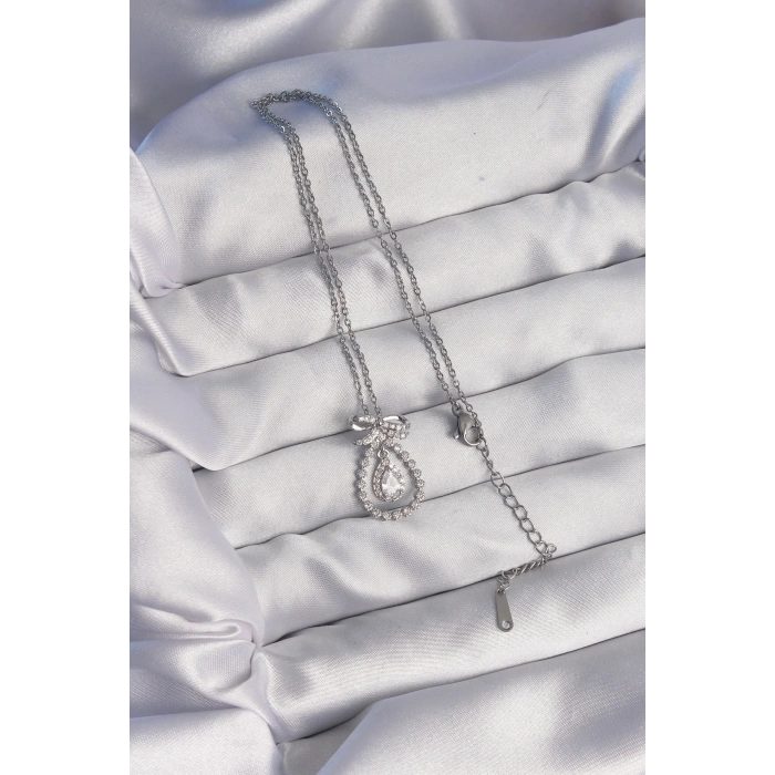 BFS 316L Çelik Gümüş Renk Fiyonk Detaylı Zirkon Taşlı Damla Model Kolye