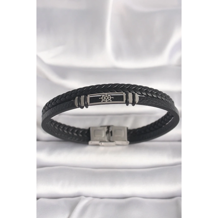 BFS 316L Çelik Gümüş Renk Gemi Dümeni Figür Siyah Burgu Deri Kordon Model Erkek Bileklik