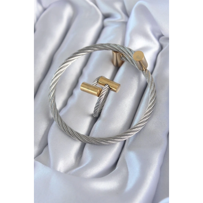 BFS 316L Çelik Gümüş Renk Gold Detay Sarmal Model Erkek Bileklik Yüzük Kombini