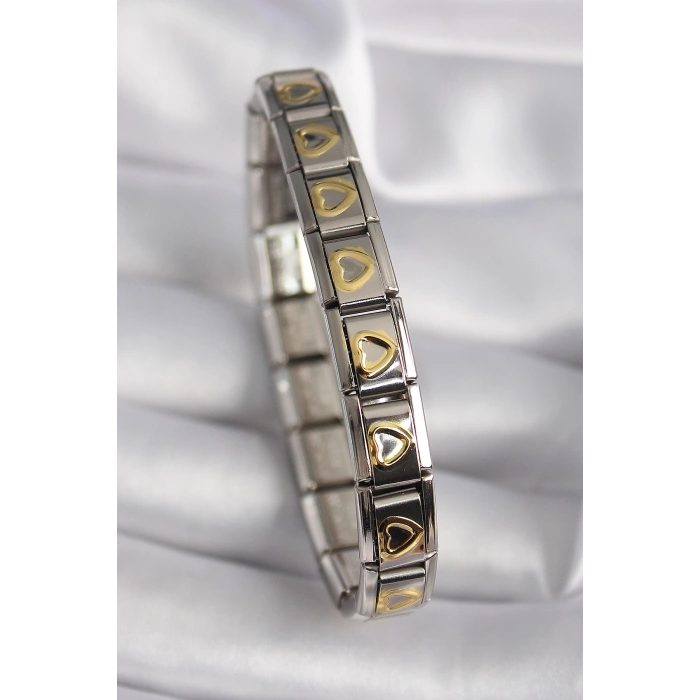 BFS 316L Çelik Gümüş Renk Gold Kalp İşleme Nomination Model Kadın Bileklik