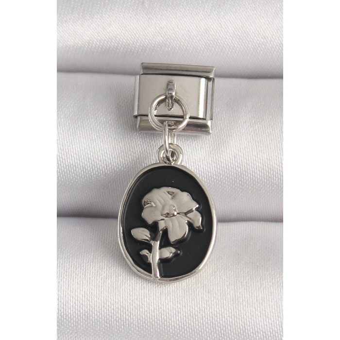 BFS 316L Çelik Gümüş Renk Gümüş Çiçek İşlemeli Siyah Portre Model Nomination Charm