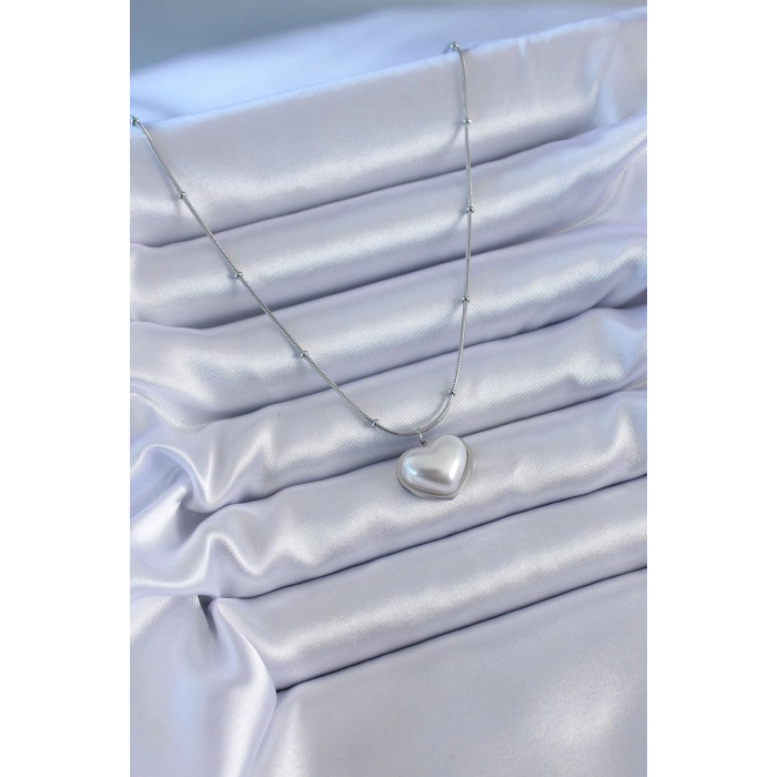 BFS 316L Çelik Gümüş Renk İncili Kalp Model Minimal Top Detay Kadın Kolye