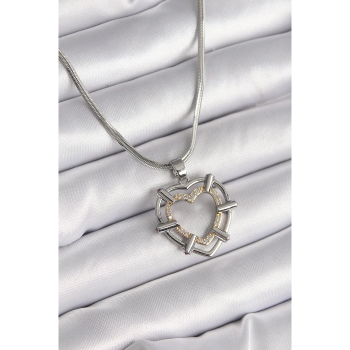 BFS 316L Çelik Gümüş Renk İtalyan Zincir Mix Renk Zirkon Taş Detay Kalp Model Kadın Kolye