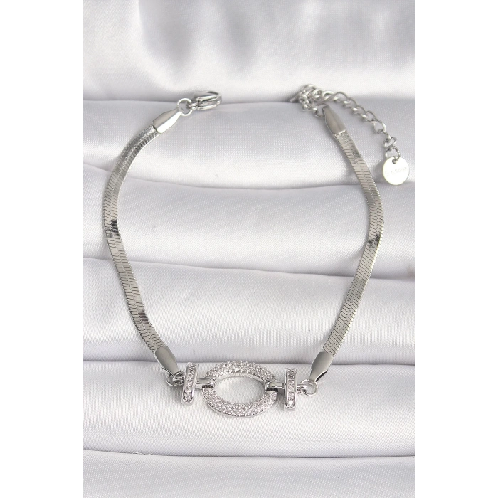 BFS 316L Çelik Gümüş Renk İtalyan Zincir Model Zirkon Taşlı Halka Figür Kadın Bileklik