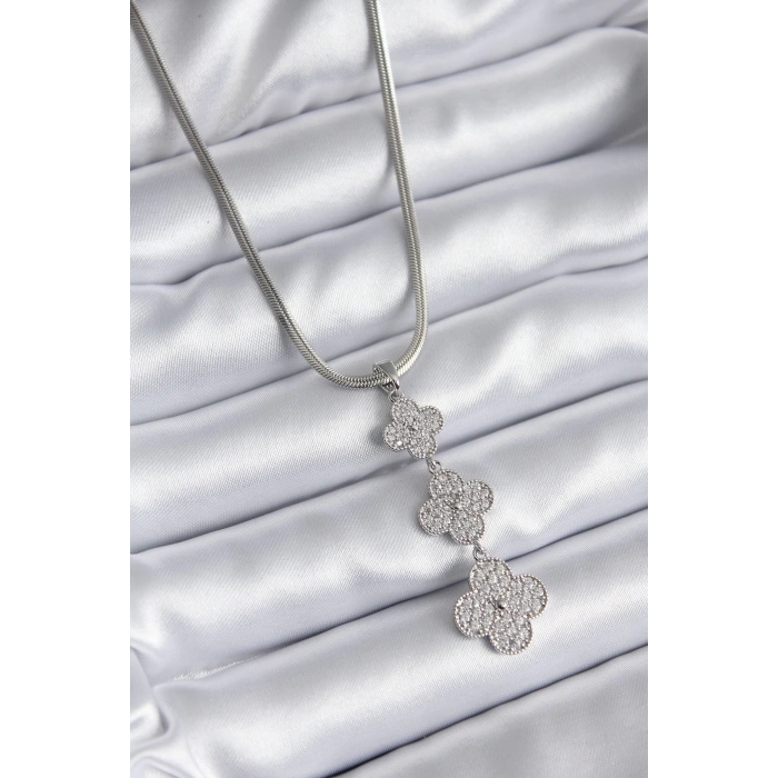 BFS 316L Çelik Gümüş Renk İtalyan Zincir Zirkon Taşı Yonca Model Kadın Kolye