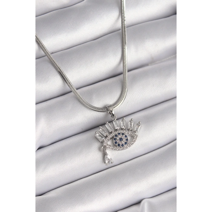 BFS 316L Çelik Gümüş Renk İtalyan Zincir Zirkon Taşlı Göz Model Kadın Kolye