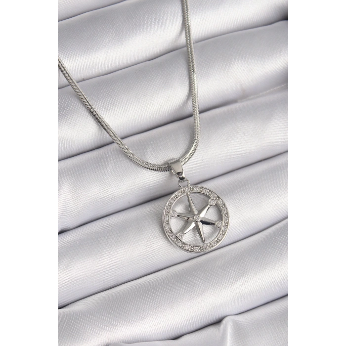 BFS 316L Çelik Gümüş Renk İtalyan Zincir Zirkon Taşlı Kutup Yıldız Model Kadın Kolye
