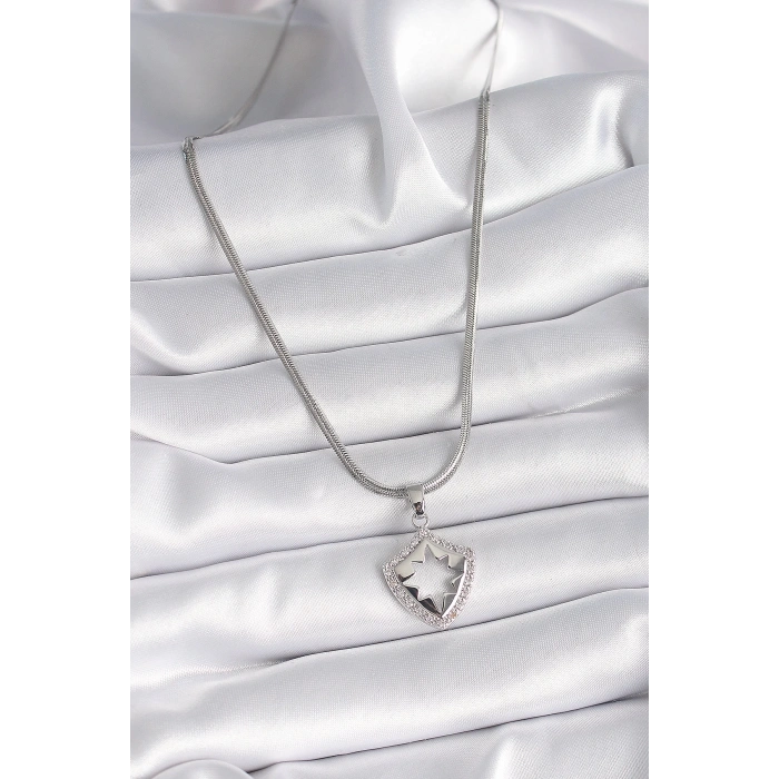 BFS 316L Çelik Gümüş Renk İtalyan Zincir Zirkon Taşlı Kutup Yıldızı İşleme Model Kadın Kolye