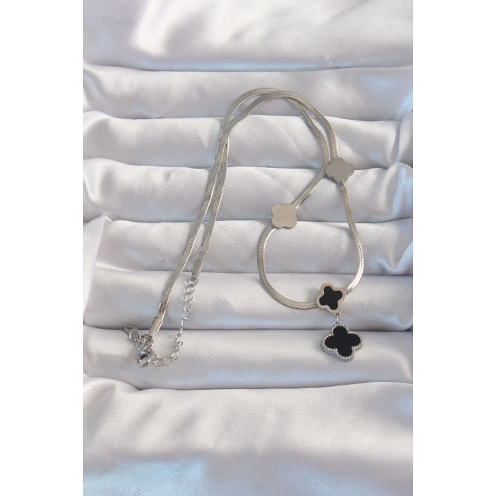 BFS 316L Çelik Gümüş Renk İtalyan Zincirli Mineli Yonca Kolye