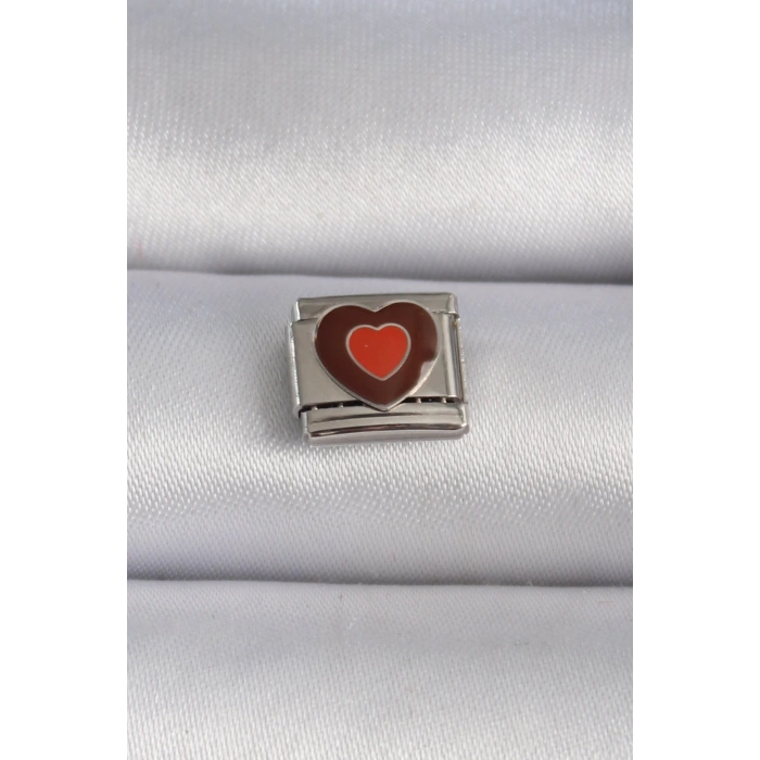 BFS 316L Çelik Gümüş Renk Kahverengi Kalp İşlemeli Nomination Charm