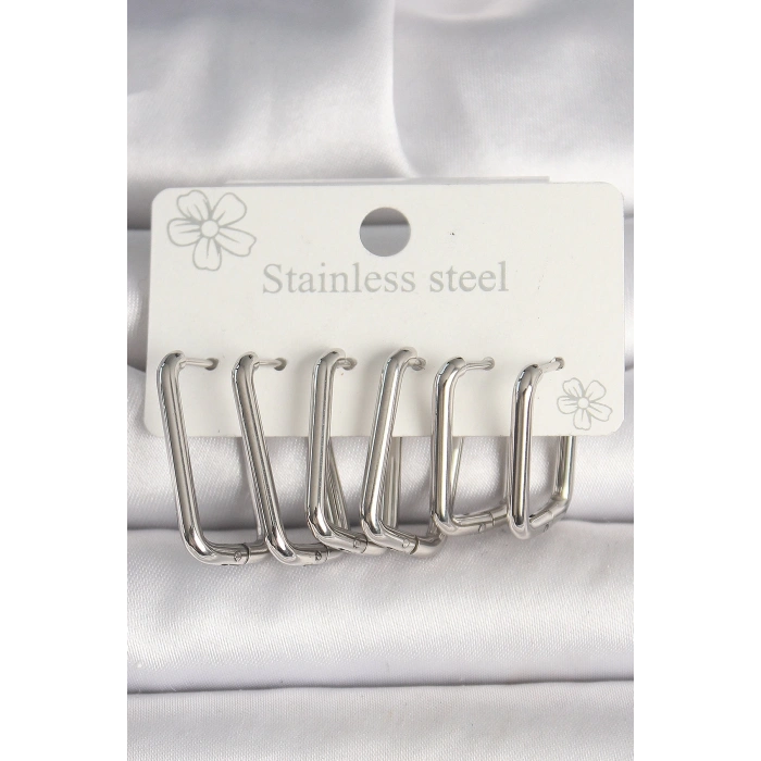 BFS 316L Çelik Gümüş Renk Kare Model Kadın Küpe Seti