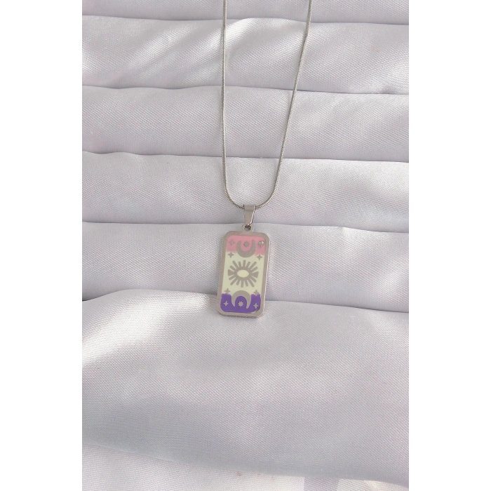 BFS 316L Çelik Gümüş Renk Karışık Mineli Ay Figür Tarot Kolye