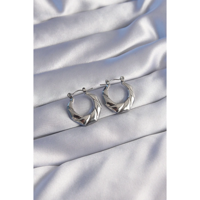 BFS 316L Çelik Gümüş Renk Kıvrımlı Görünüm Geometrik Model Küpe