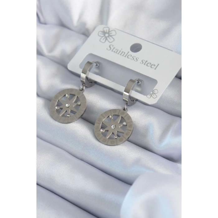 BFS 316L Çelik Gümüş Renk Kutup Yıldızı Model Zirkon Taş İşleme Detay Kadın Küpe