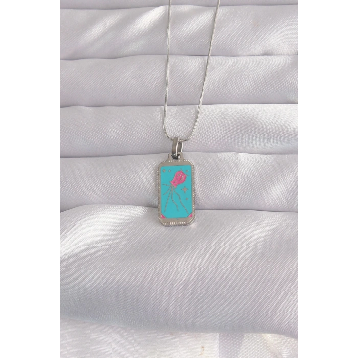 BFS 316L Çelik Gümüş Renk Mavi Mineli Tarot Kolye