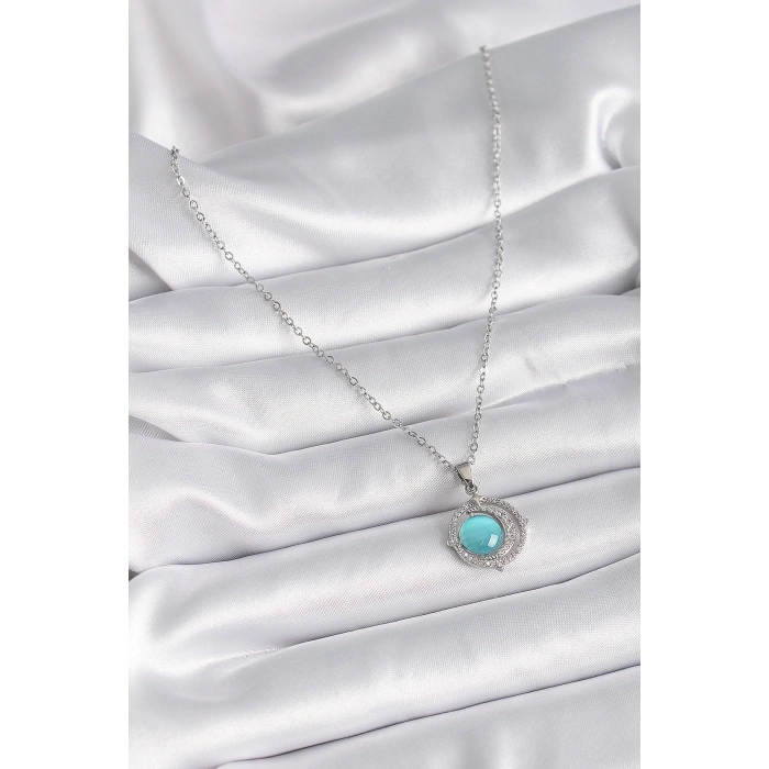 BFS 316L Çelik Gümüş Renk Mavi Sedefli Hilal Model Kadın Kolye