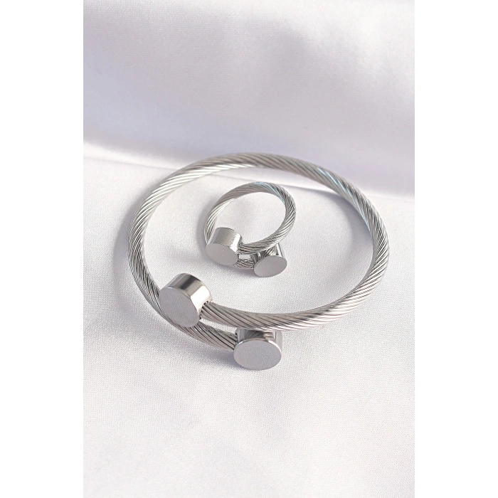 BFS 316L Çelik Gümüş Renk Oval Aksesuarlı Burgu Model Bileklik ve Yüzük Kombini