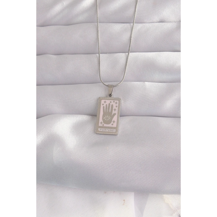 Mey İthalat® 316L Çelik Gümüş Renk Pembe Mineli El Figür Tarot Kolye