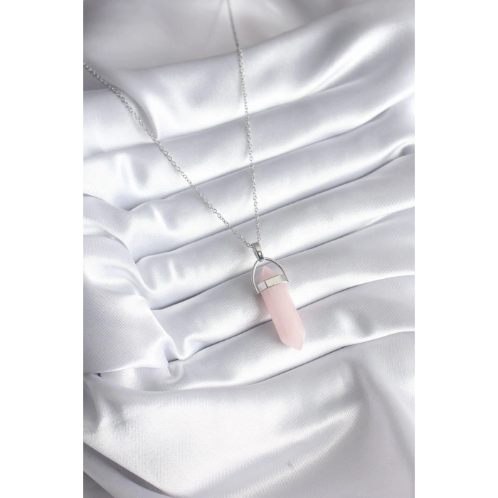 BFS 316L Çelik Gümüş Renk Pembe Taşlı Kadın Kolye