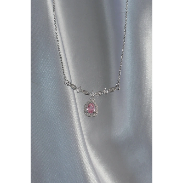 BFS 316L Çelik Gümüş Renk Pembe Zirkon Taşlı Damla Kolye