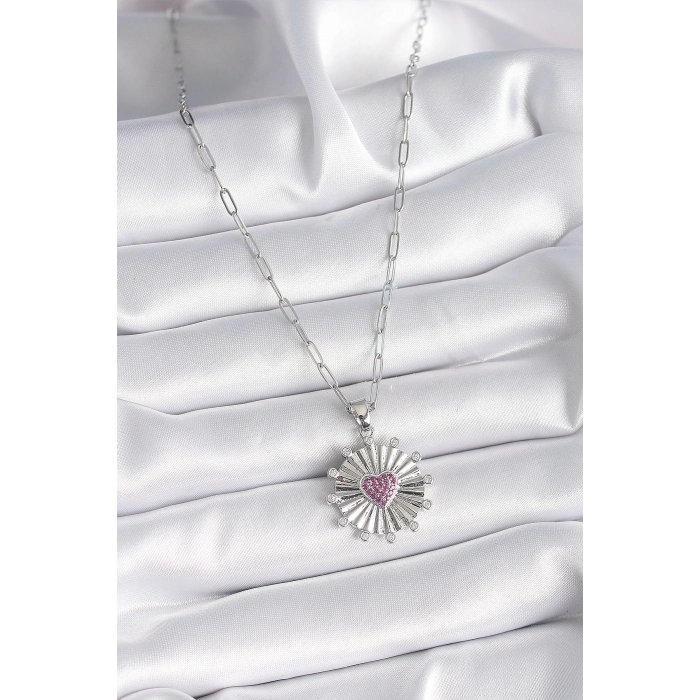 BFS 316L Çelik Gümüş Renk Pembe Zirkon Taşlı Kalp İşleme Madalyon Model Kadın Kolye