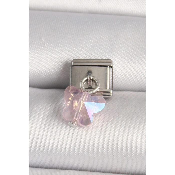 BFS 316L Çelik Gümüş Renk Pembe Zirkon Taşlı Kelebek Model Nomination Charm