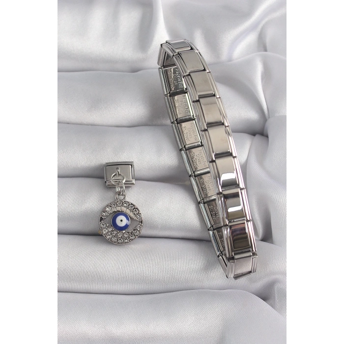 BFS 316L Çelik Gümüş Renk Sallantı Zirkon Taşlı Göz Model Nazar Boncuk Detay Nomination Charm