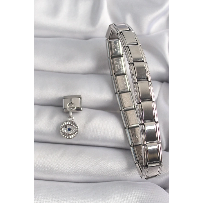 BFS 316L Çelik Gümüş Renk Sallantı Zirkon Taşlı Göz Model Nomination Charm