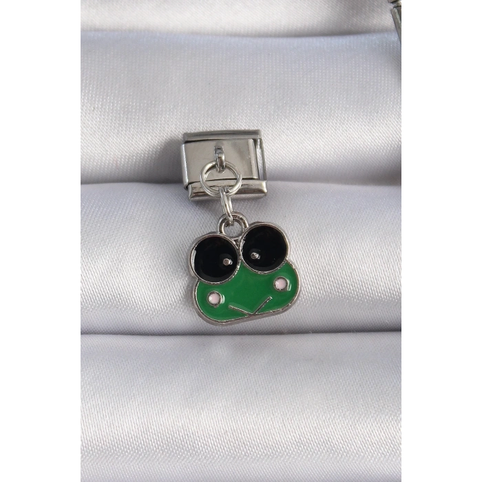 BFS 316L Çelik Gümüş Renk Sallantılı Yeşil Kurbağa Figür Nomination Charm