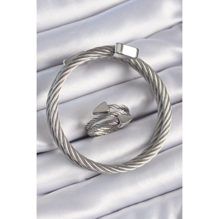 BFS 316L Çelik Gümüş Renk Sarmal Model Erkek Bileklik Yüzük Kombini