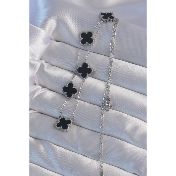 BFS 316L Çelik Gümüş Renk Siyah Mineli Yonca Kolye