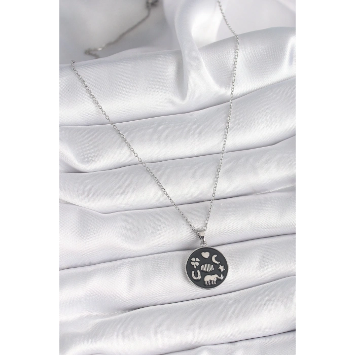 BFS 316L Çelik Gümüş Renk Siyah Renk Şans Kolyesi