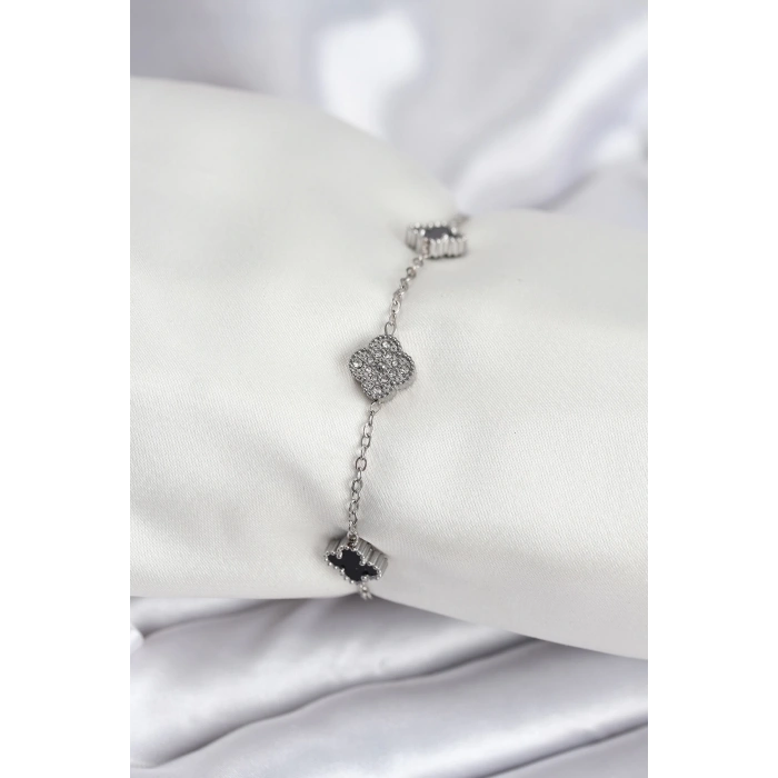 BFS 316L Çelik Gümüş Renk Siyah ve Zirkon Taşlı Baby Boy Yonca Kadın Bileklik