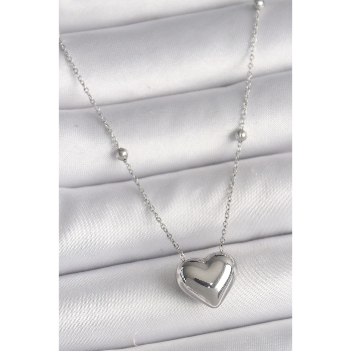 BFS 316L Çelik Gümüş Renk Topçuk Detay Zincir Kalp Model Kadın Kolye
