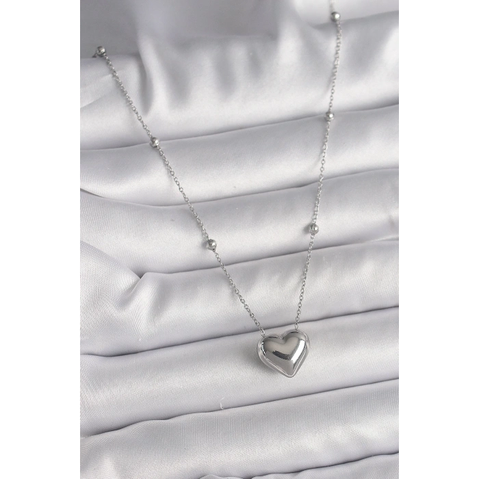 BFS 316L Çelik Gümüş Renk Topçuk Detay Zincir Kalp Model Kadın Kolye