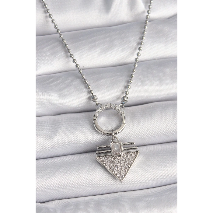 BFS 316L Çelik Gümüş Renk Topçuk Zincir Zirkon Taşlı Üçgen Model Kadın Kolye