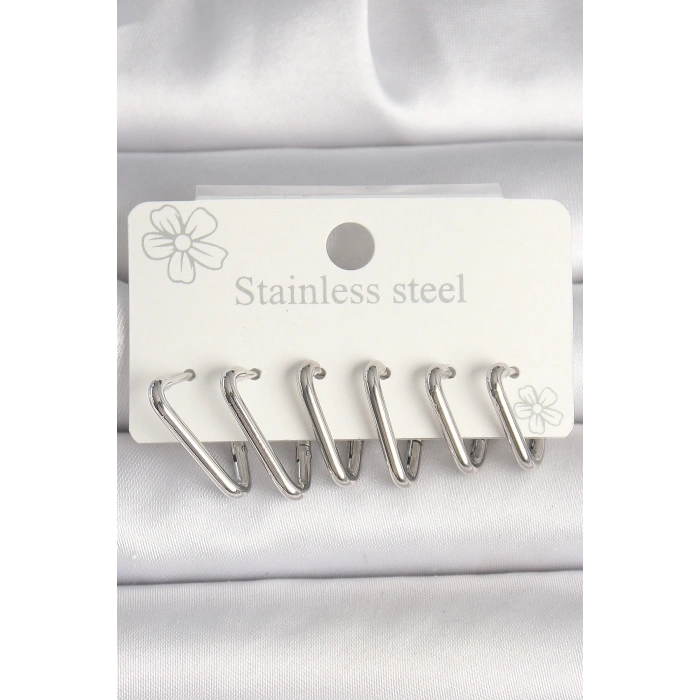 BFS 316L Çelik Gümüş Renk Üçgen Model Kadın Küpe Seti