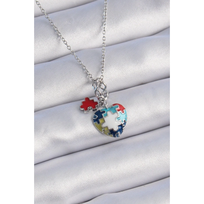 BFS 316L Çelik Gümüş Renk Yapboz Motif Kalp Figür Charm Model Kadın Kolye